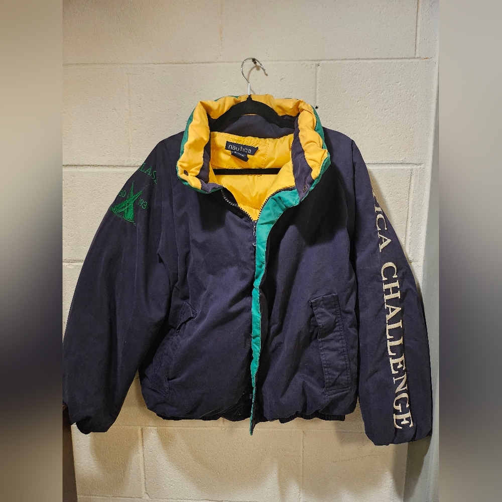 Vintage Nautica Puffer Jacket Blue Challenge J-Class Sailing Mens M Down Filled